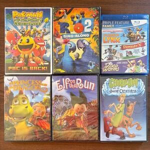 Mixed Lot Kids Movies DVD Blu-ray New Rio 2 Scooby-Doo Pac-Man 6-Pack Bundle